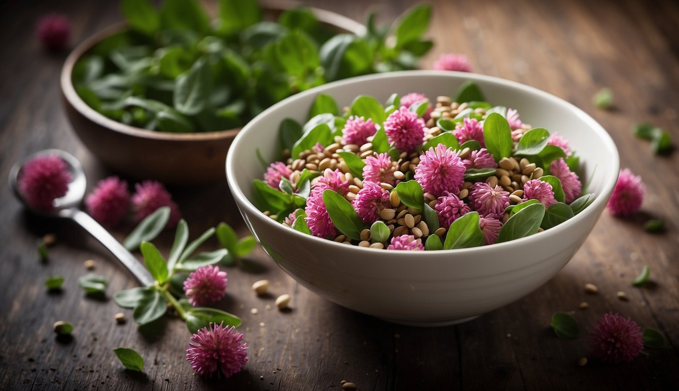 A bowl of red clover salad with scattered red clover seeds