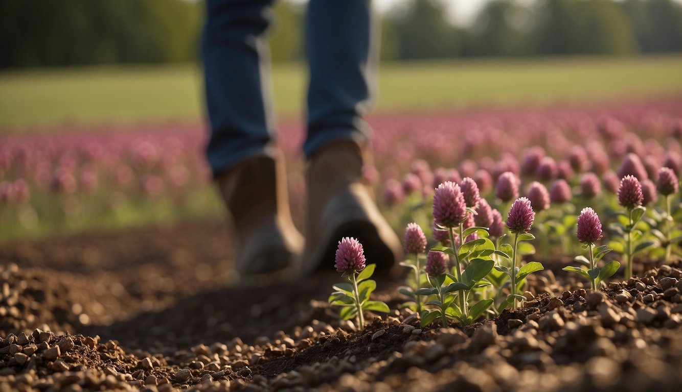 Red clover seeds being carefully spread across a freshly tilled field, with a farmer walking behind, gently pressing them into the soil