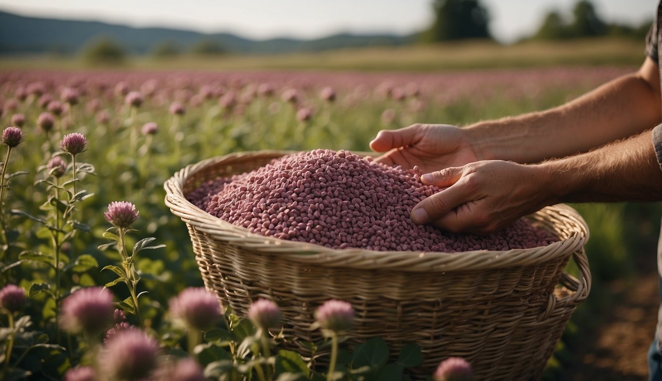 A farmer gathers ripe red clover seeds in a field. Baskets overflow with the harvested seeds. Machinery processes the seeds for utilization