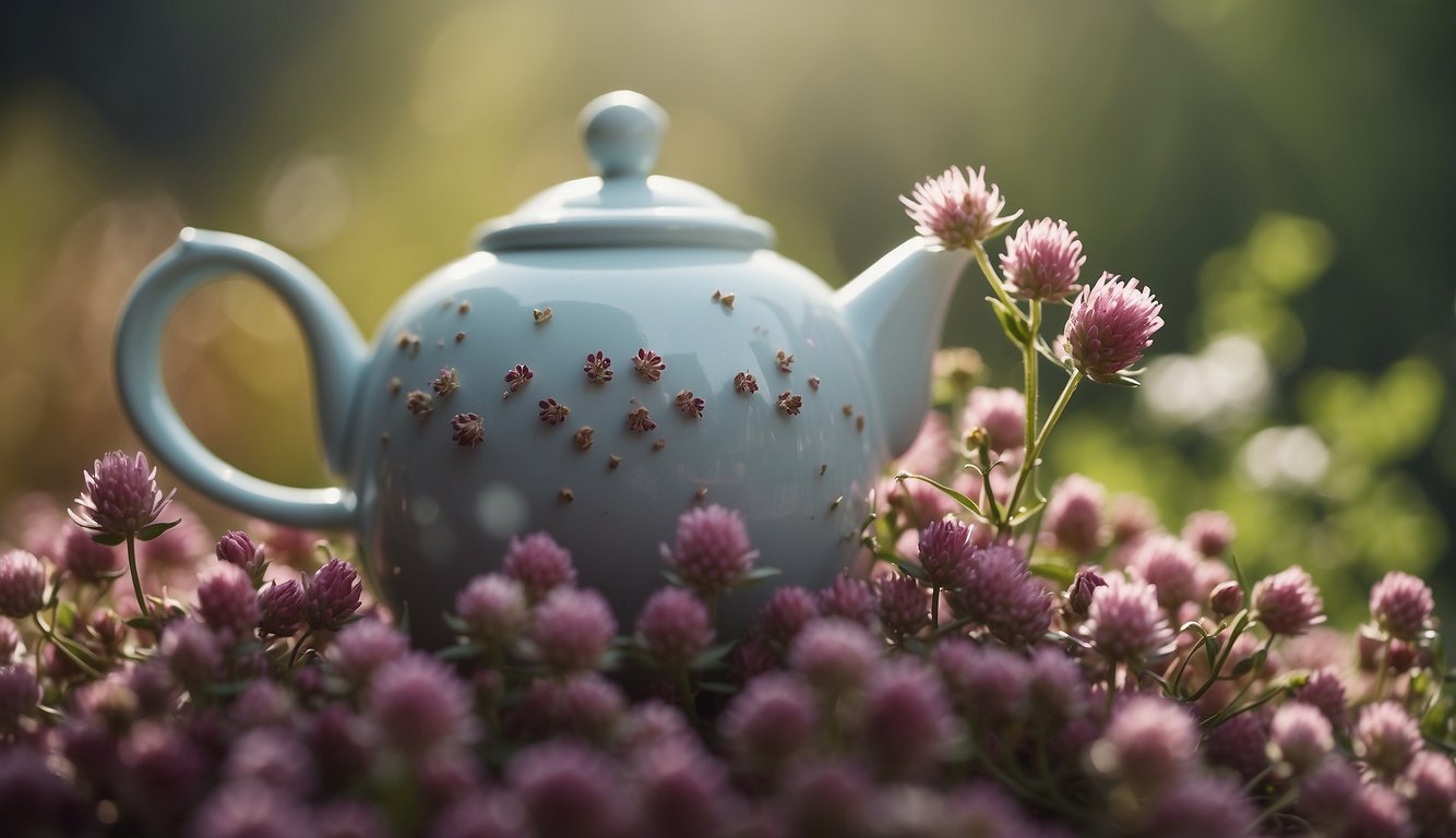 Red clover seeds steep in a teapot of hot water, creating a fragrant and soothing clover tea
