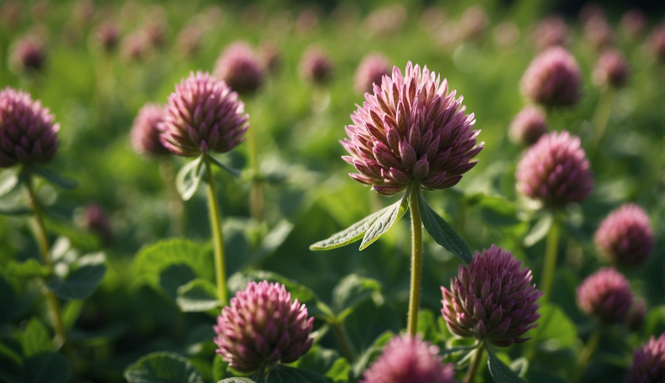 Red clover seeds scattered across a field of vibrant green clover plants