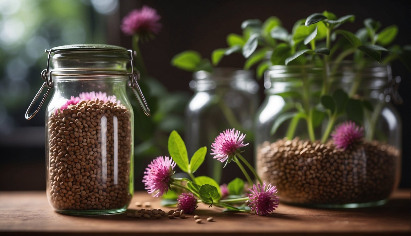 A glass jar filled with red clover seeds, surrounded by fresh red clover leaves and flowers
