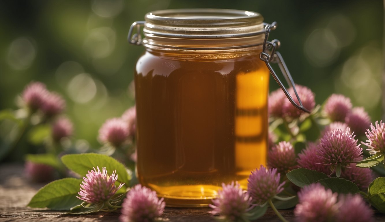 A jar of red clover honey sits next to scattered red clover seeds