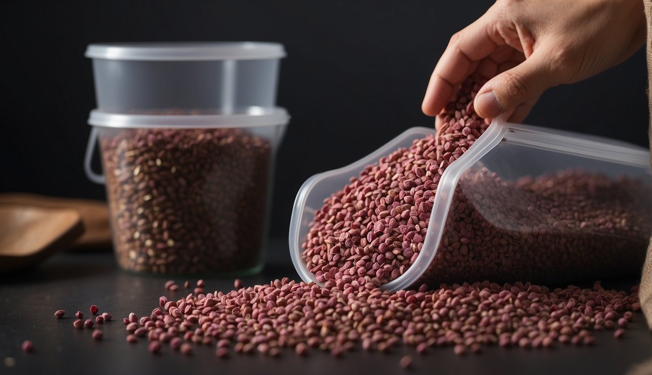 A hand pouring red clover seeds from a bag into a labeled storage container