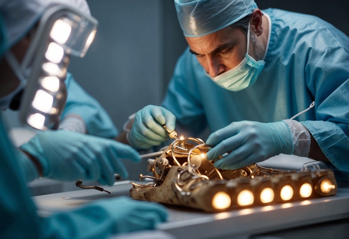 A surgeon carefully fuses the sacroiliac joint, using precision instruments and bone grafts, as the patient lies still on the operating table