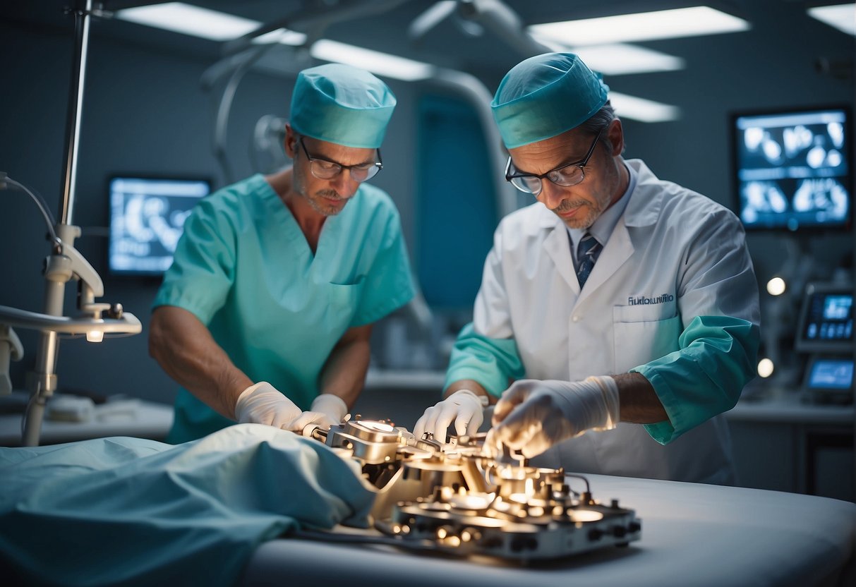 A surgeon performing a sacroiliac joint fusion procedure using specialized instruments and implants under the guidance of medical imaging equipment
