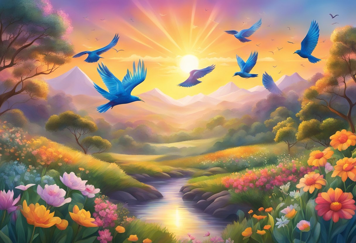 Sunrise over peaceful landscape with vibrant flowers and birds in flight, surrounded by a glowing aura of positivity and wellbeing