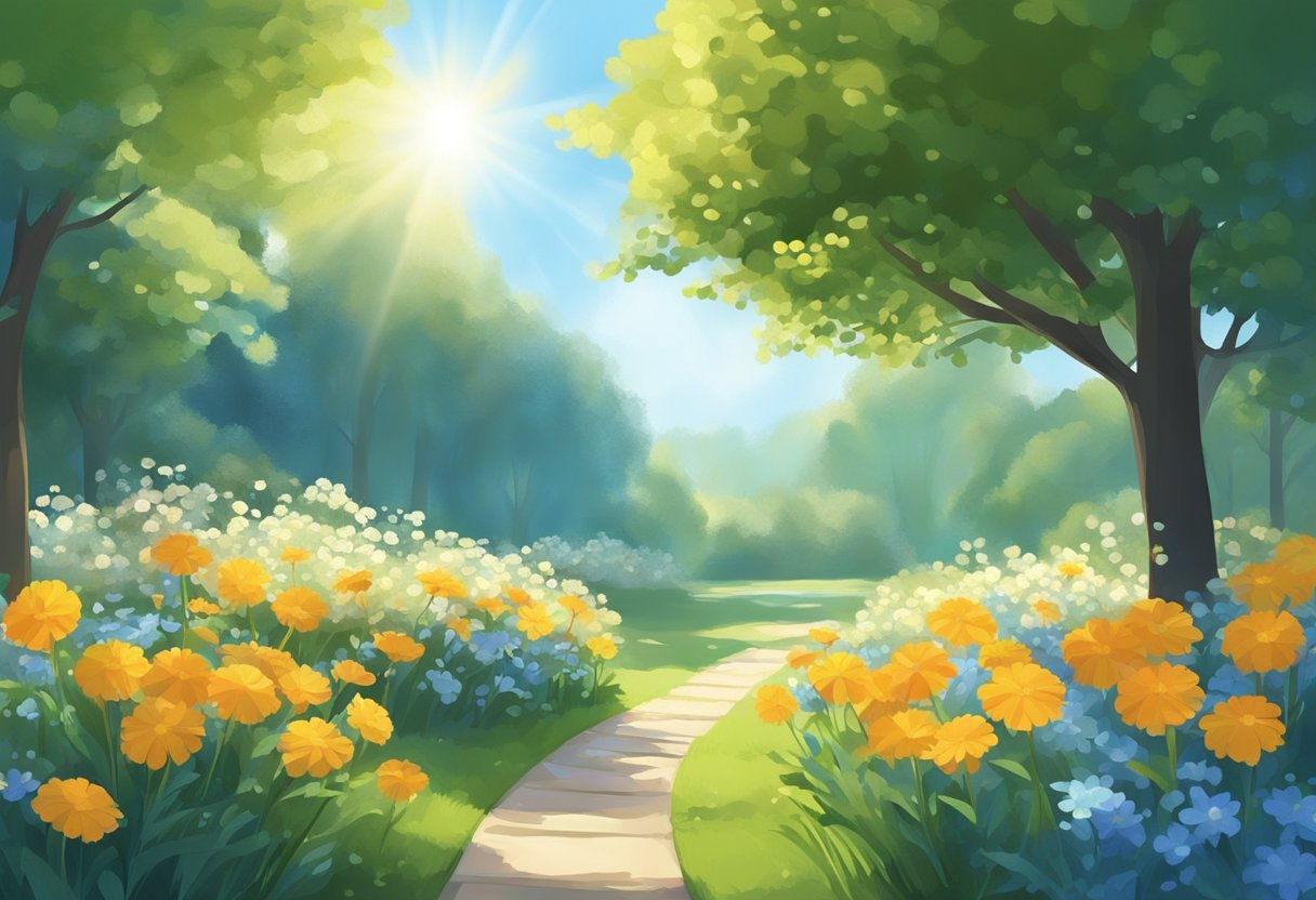 A serene garden with blooming flowers and a clear blue sky, with beams of sunlight shining down, creating a peaceful and healing atmosphere