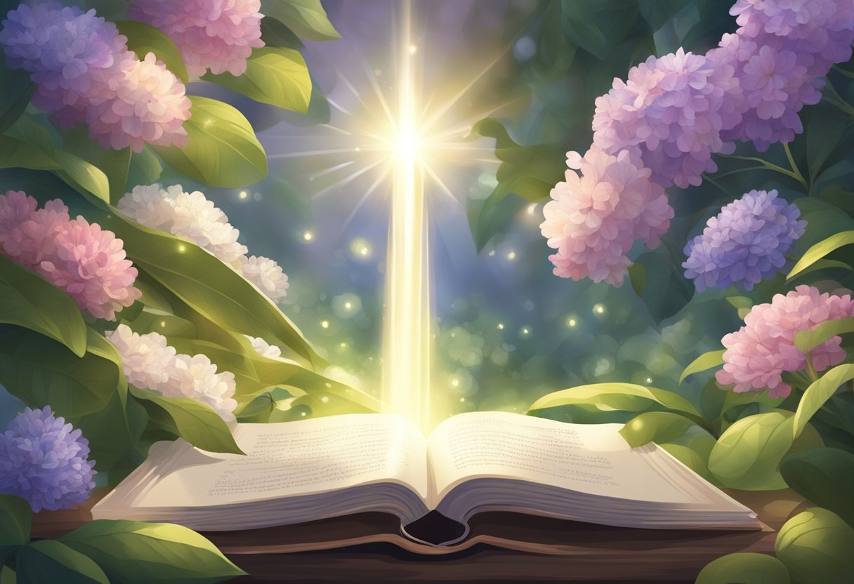 A beam of light shines down onto an open book of prayers, surrounded by blooming flowers and lush greenery, symbolizing healing and good health