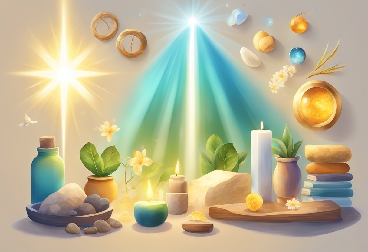 A beam of light shining down on a collection of symbolic objects representing health and healing, surrounded by a sense of calm and positivity