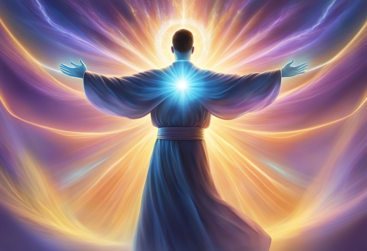 A figure stands with arms outstretched, surrounded by a glowing aura, emanating healing energy towards the world