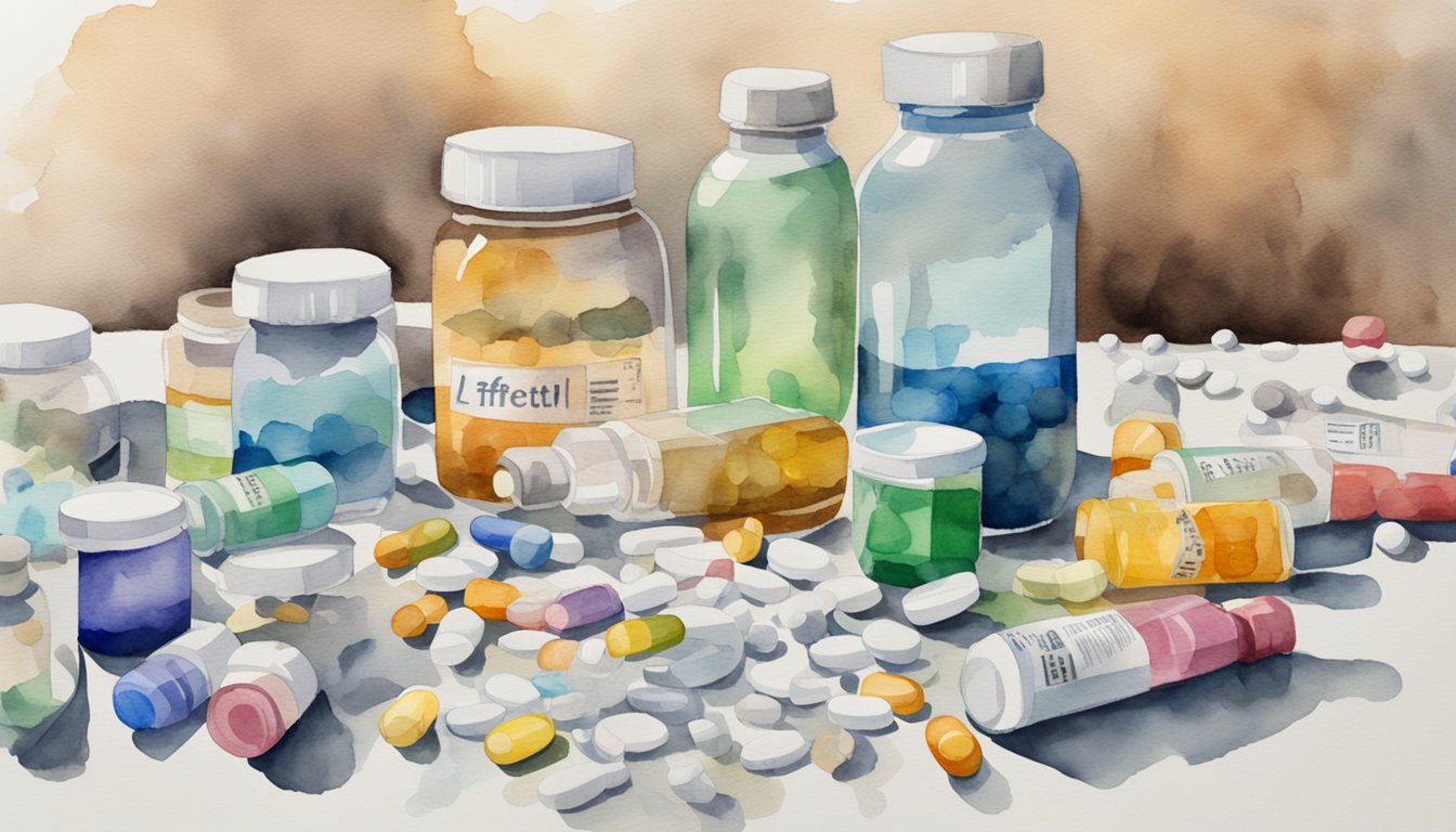 A table with scattered pill bottles and medical equipment.</p><p>A warning label with side effects prominently displayed