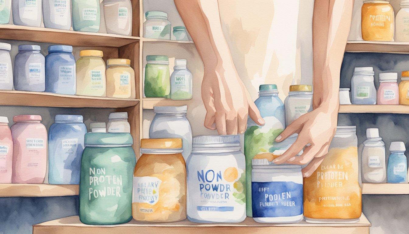 A hand reaching for a jar of non-dairy protein powder on a shelf, surrounded by various other health and fitness products