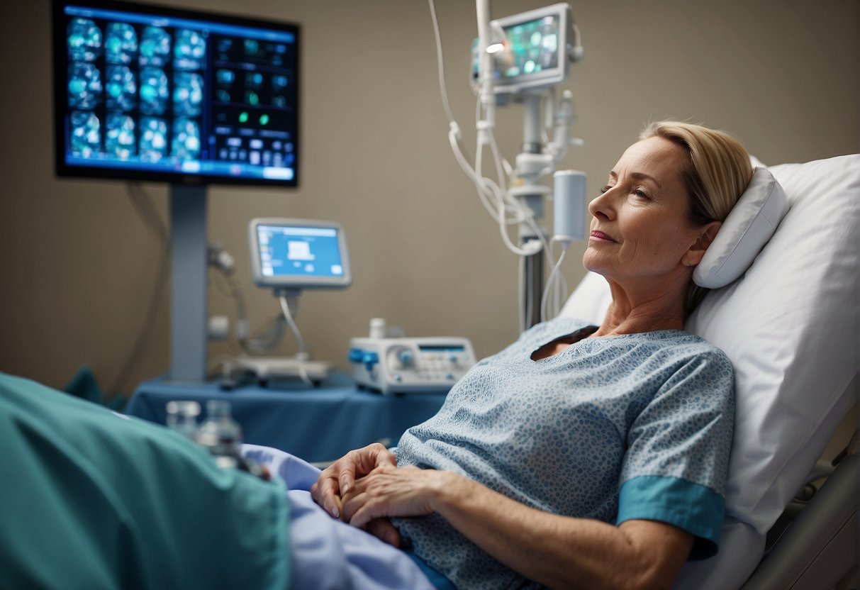 Patient rests in a comfortable reclined position, surrounded by medical equipment and monitoring devices. A nurse adjusts the settings on the spinal cord stimulation device