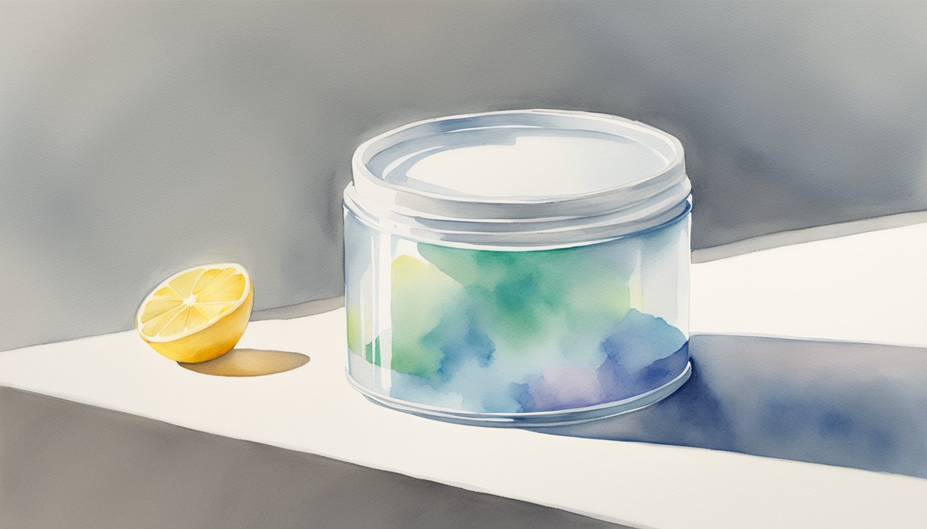 A clear, minimalist container of electrolyte powder sits on a white, reflective surface.</p><p>Light streams in from the side, casting a soft glow on the container