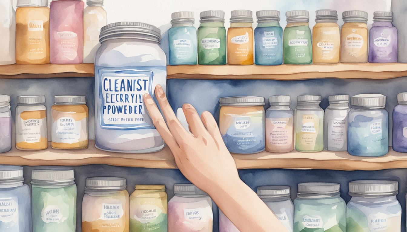 A hand reaching for a jar labeled "cleanest electrolyte powder" on a shelf, surrounded by various health and wellness products