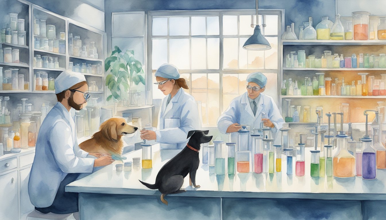 A laboratory setting with dog DNA samples, petri dishes, and scientific equipment.</p><p>A ethical debate backdrop with scientists in discussion