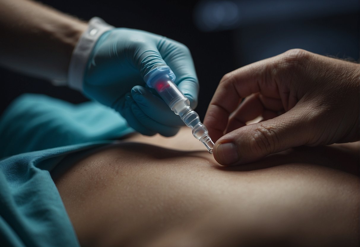 A medical professional administers a trigger point injection into a muscle, using a syringe and targeted pressure to relieve pain and tension