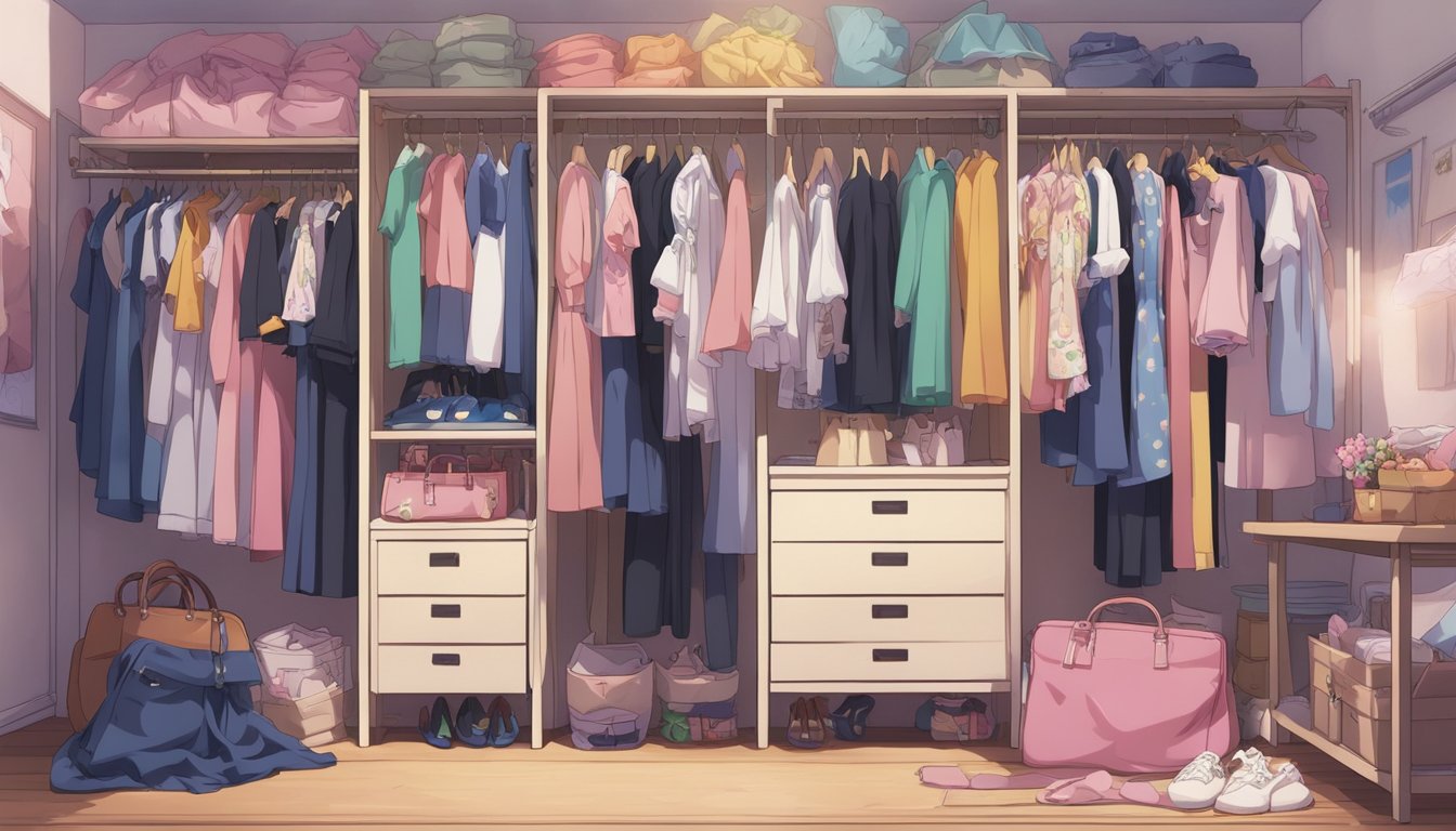 A closet filled with various seasonal clothing options for a sex doll, including dresses, tops, pants, and accessories