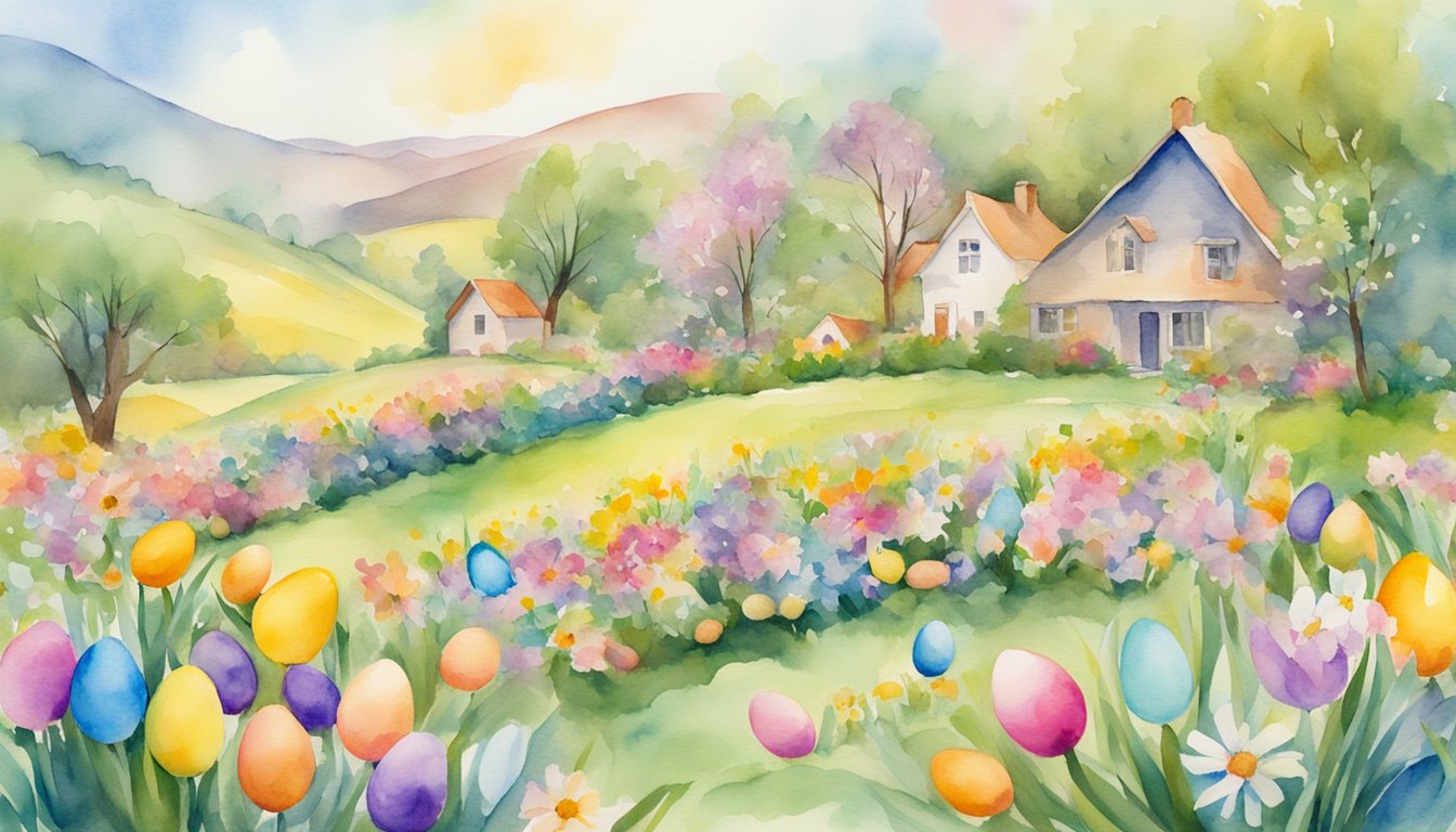 A vibrant scene with colorful eggs, blooming flowers, and joyful people celebrating the original meaning of Easter