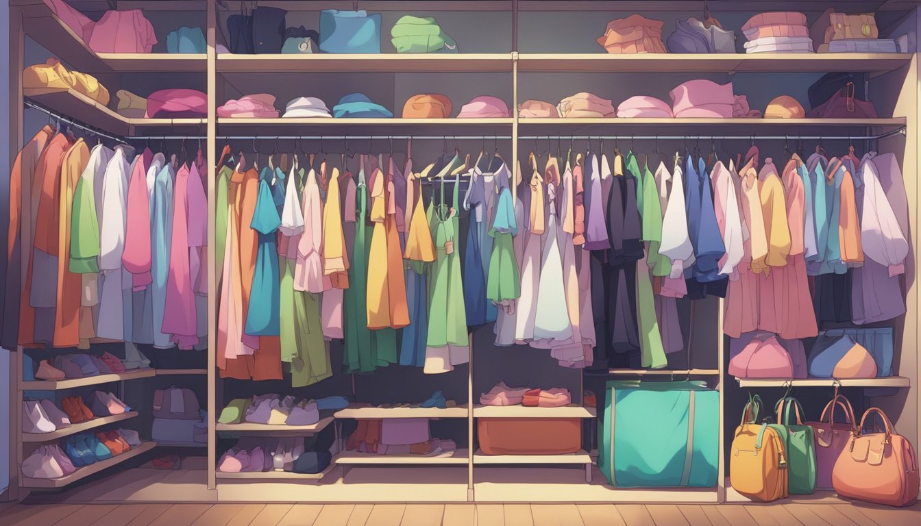 A closet filled with colorful, seasonal clothing options for a sex doll. Dresses, skirts, tops, and accessories neatly organized on hangers and shelves