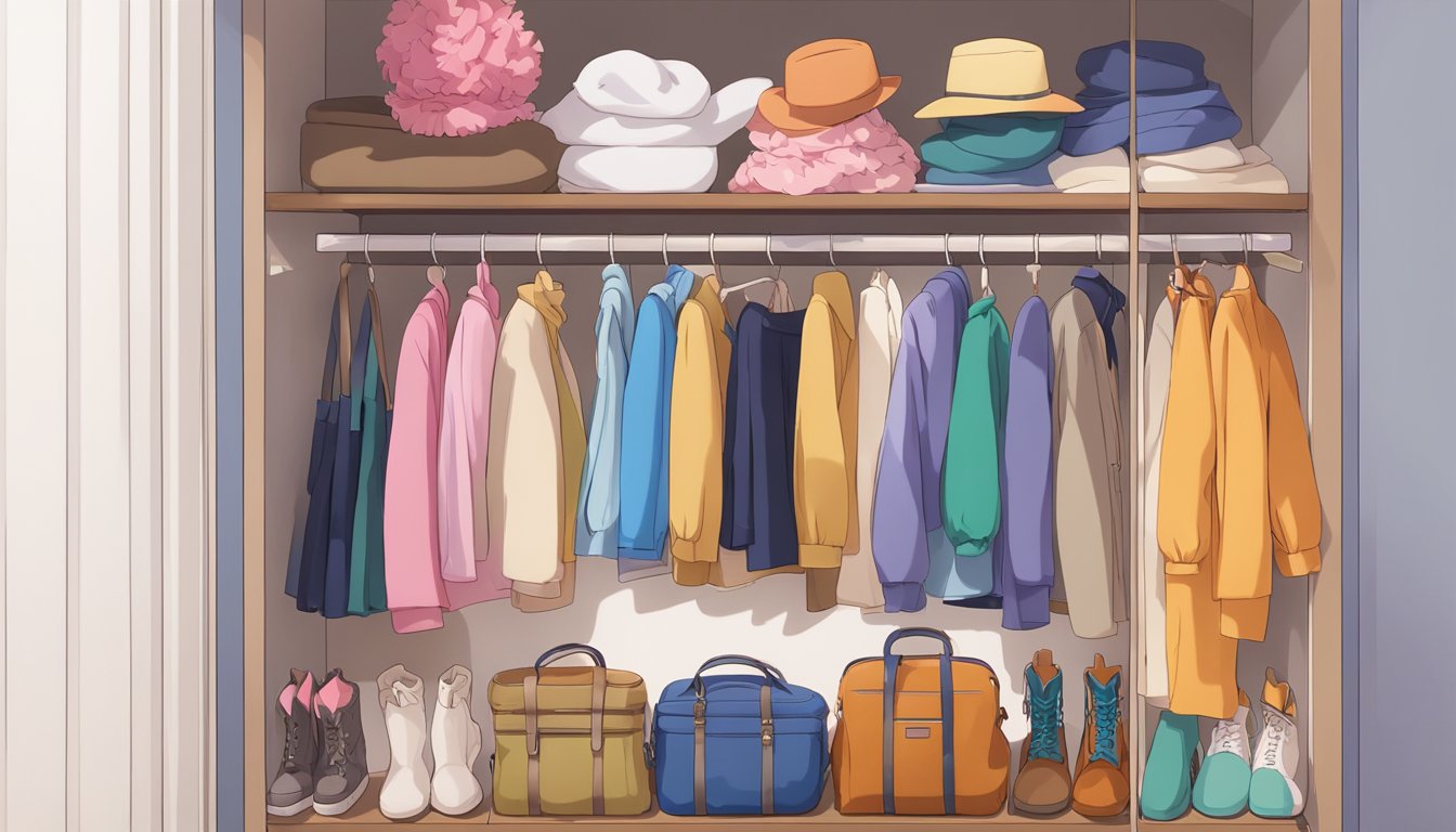 A closet filled with seasonal clothing for a sex doll, including coats, scarves, hats, and boots. The wardrobe is organized by season, with bright colors for spring and summer, and darker tones for fall and winter