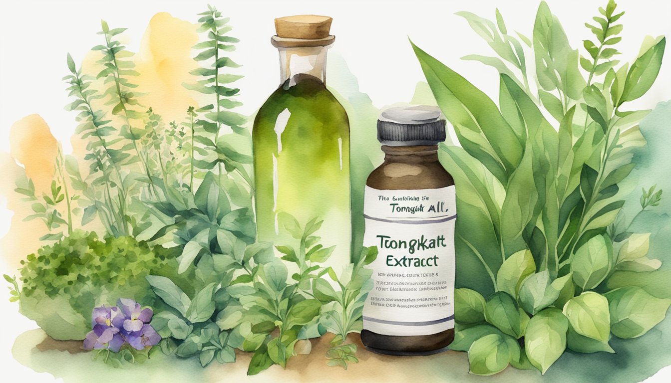 A bottle of tongkat ali extract surrounded by various herbs and plants, with a label listing its health benefits and cautioning against side effects