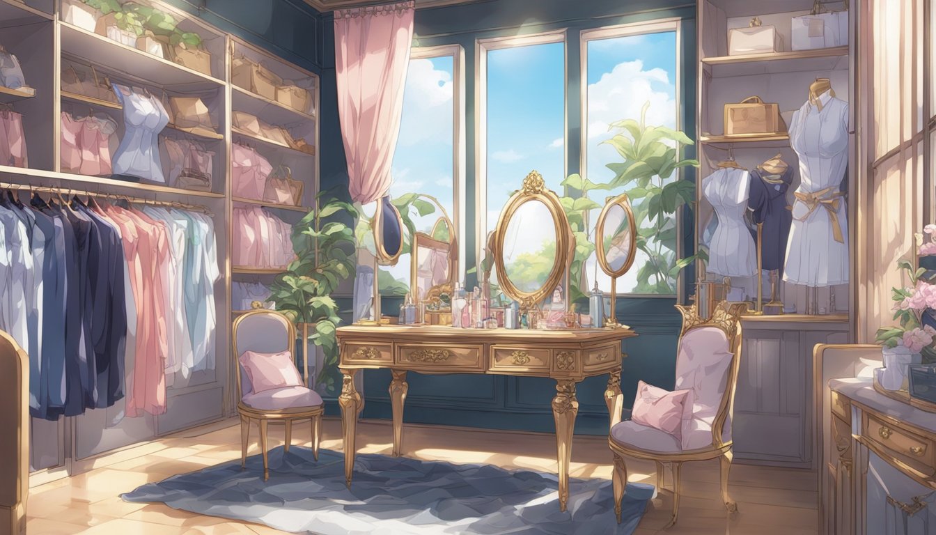 A table with various lingerie items displayed. A mirror reflects the items, creating a sense of elegance and sophistication