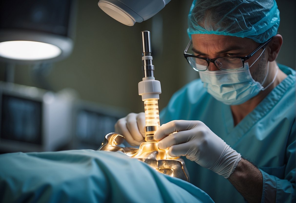 A surgeon injects bone cement into a fractured vertebra, using a needle and fluoroscopy to guide the procedure