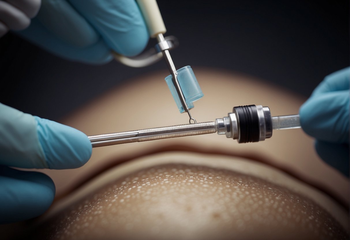 A needle punctures the skin, injecting bone cement into a fractured vertebra, stabilizing and relieving pain