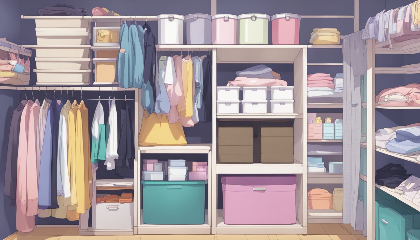 A doll clothing care guide: A neatly organized closet with labeled storage bins for different clothing types. A small table with cleaning supplies and a sewing kit nearby