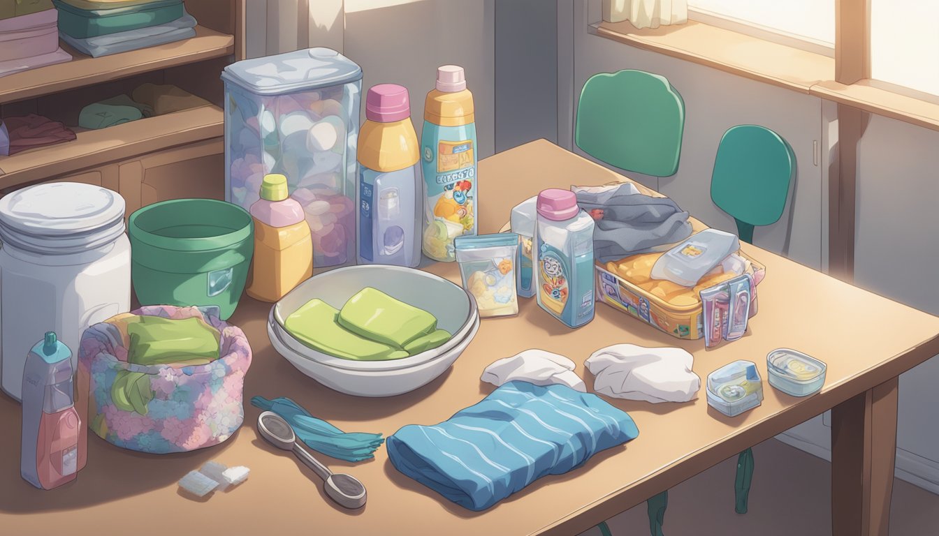 A table with doll clothing laid out neatly. A small bowl of gentle detergent, a soft brush, and a cloth are nearby. A labeled storage container sits on the side