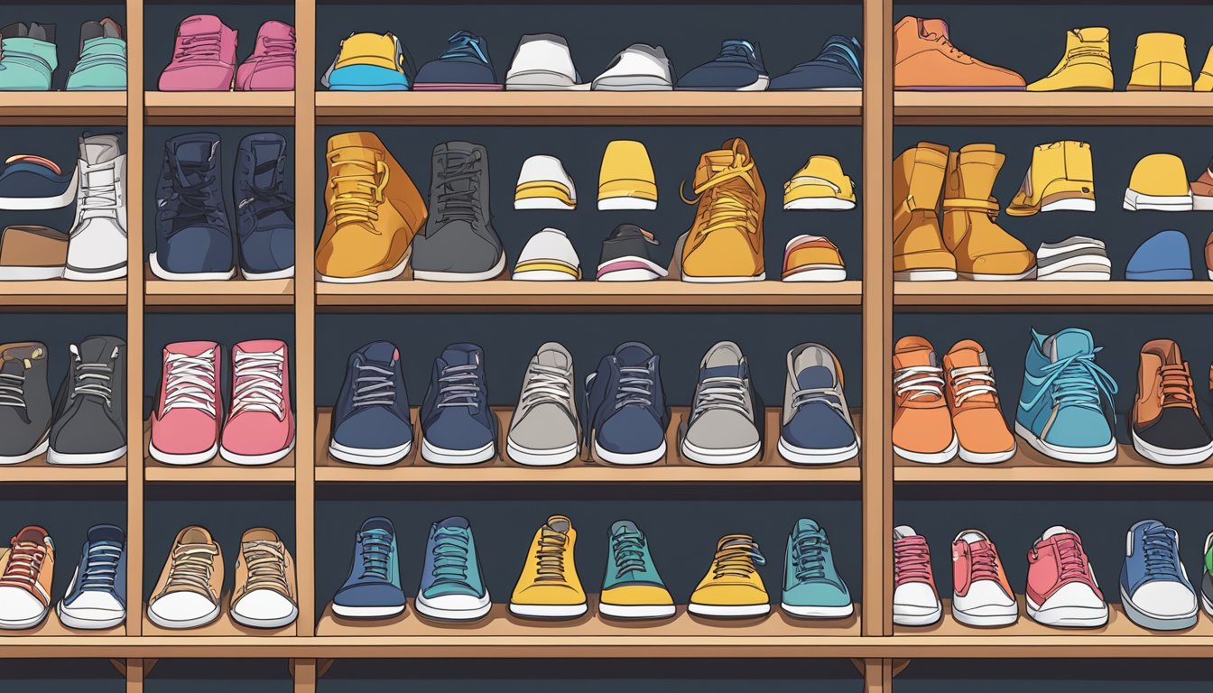 A variety of footwear types arranged neatly on a display shelf, with labels indicating proper fit and selection guidelines