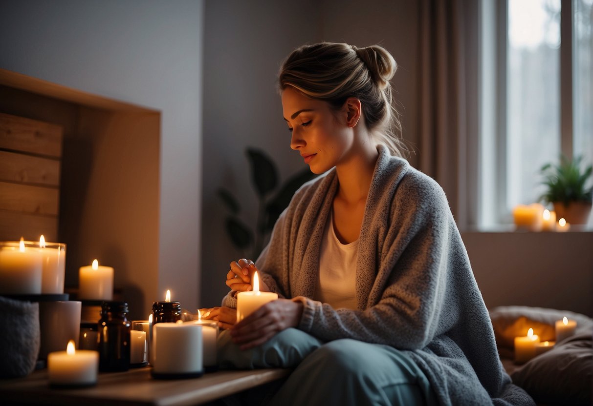 A person sitting in a cozy room, surrounded by soothing elements like candles, essential oils, and a warm compress on their neck