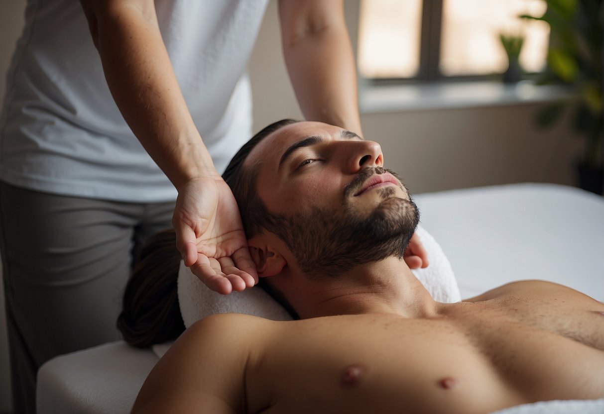 A person receiving a massage or applying heat to the back of their head to relieve occipital neuralgia pain