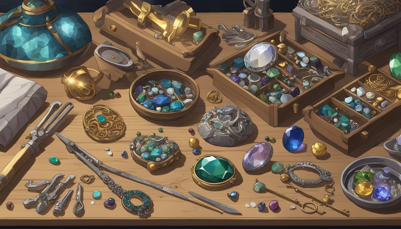 Ancient jewelry making: tools and materials laid out on a wooden workbench, including precious metals, gemstones, and intricate carving tools