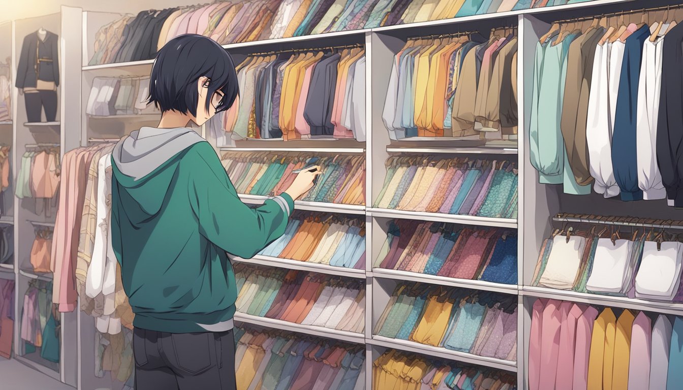 A person browsing through racks of costumes, holding fabric swatches and sketching designs for theme-based outfits