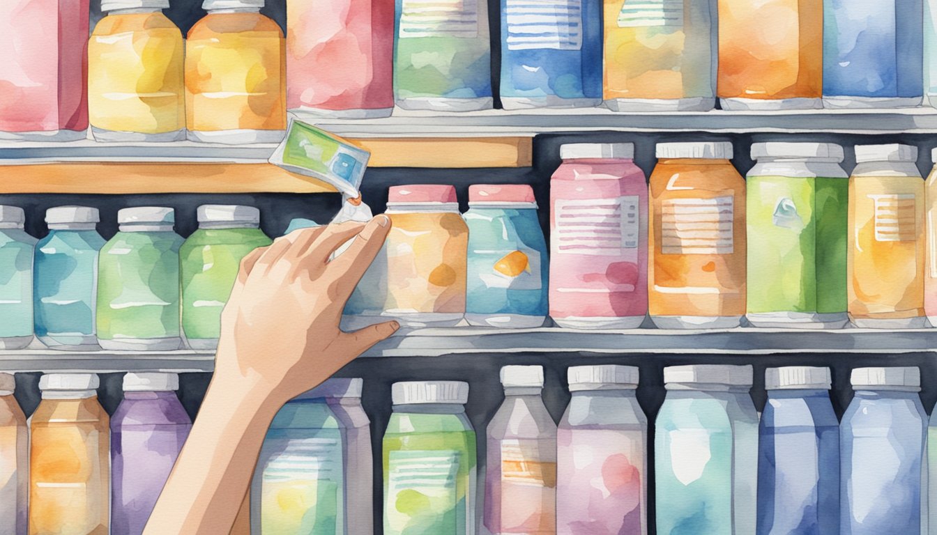 A hand reaches for various electrolyte packs on a store shelf, comparing labels and flavors