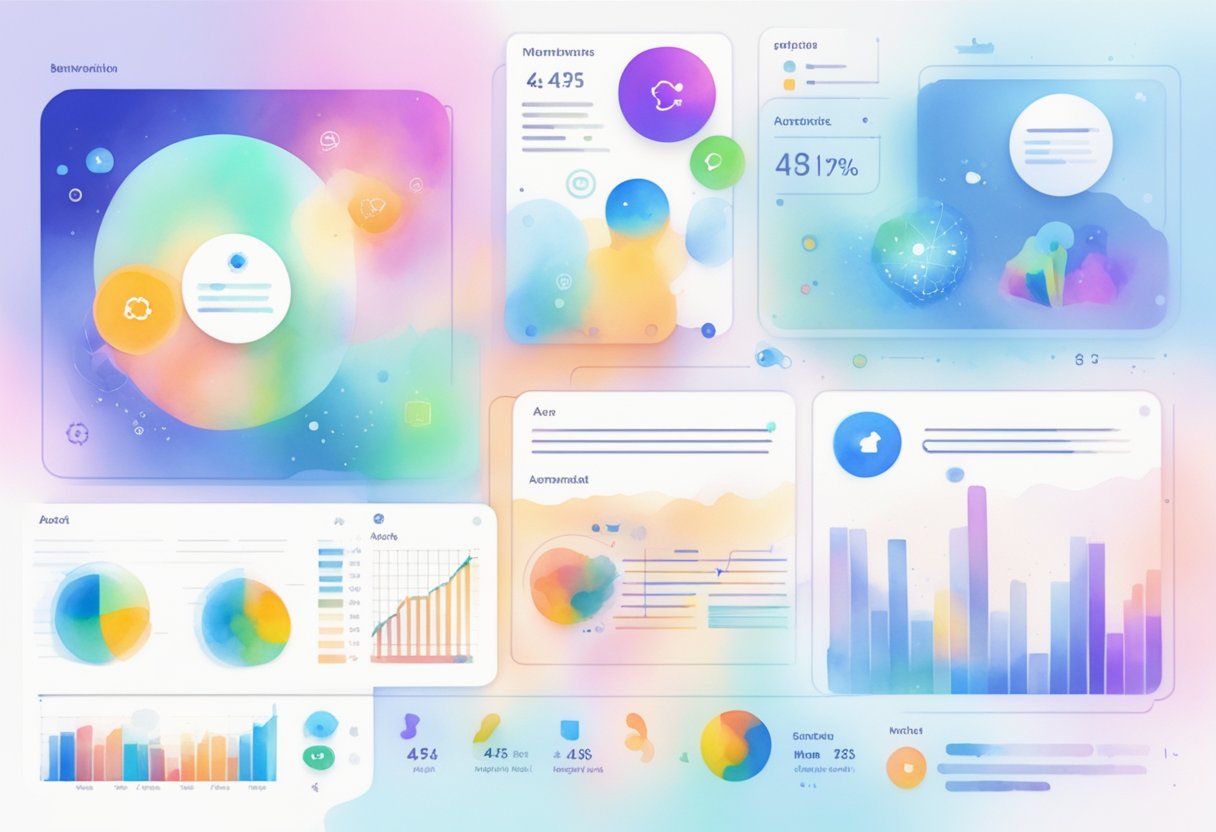 AI algorithms analyze data on social media. Graphs and charts display user behavior and trends. Text bubbles show AI-generated responses and recommendations