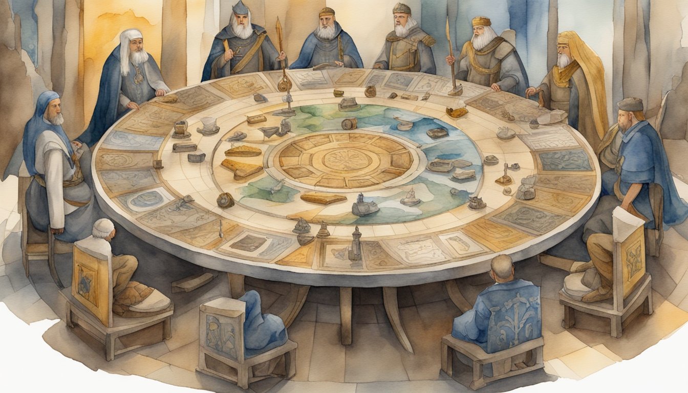 A round table surrounded by diverse symbols and artifacts, representing the cultural impact and modern interpretations of King Arthur