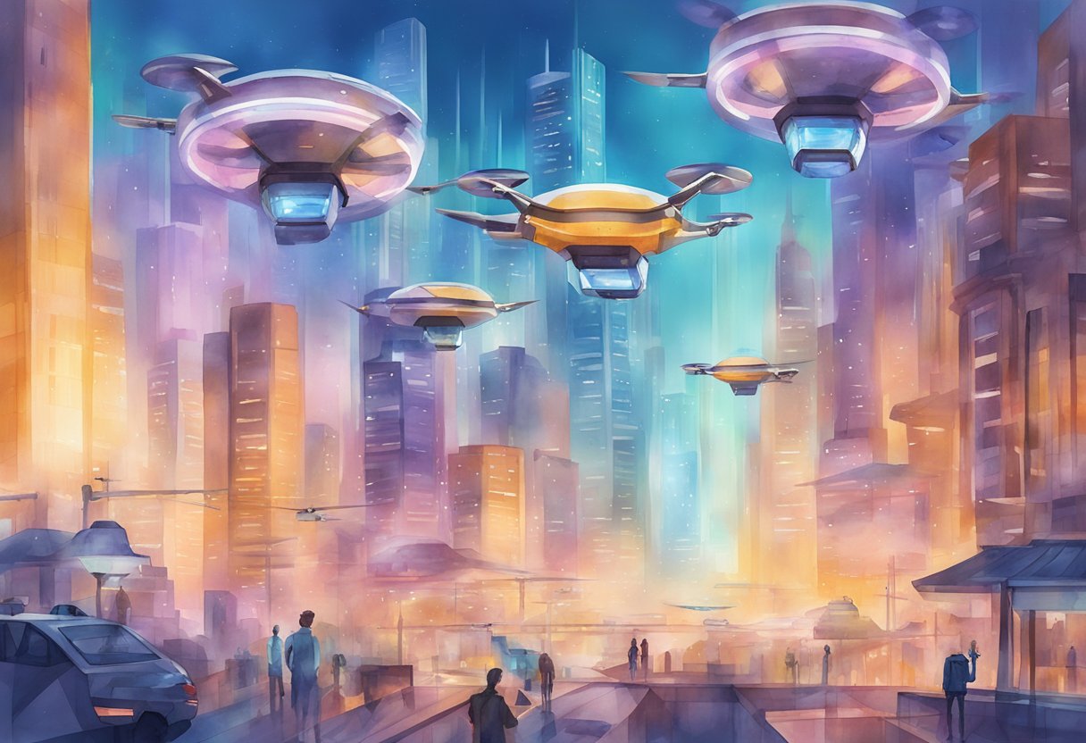 A futuristic cityscape with AI-powered drones and robots interacting on a virtual social media platform. The AI technology is seamlessly integrated into the urban environment, showcasing the future of AI in the social media ecosystem