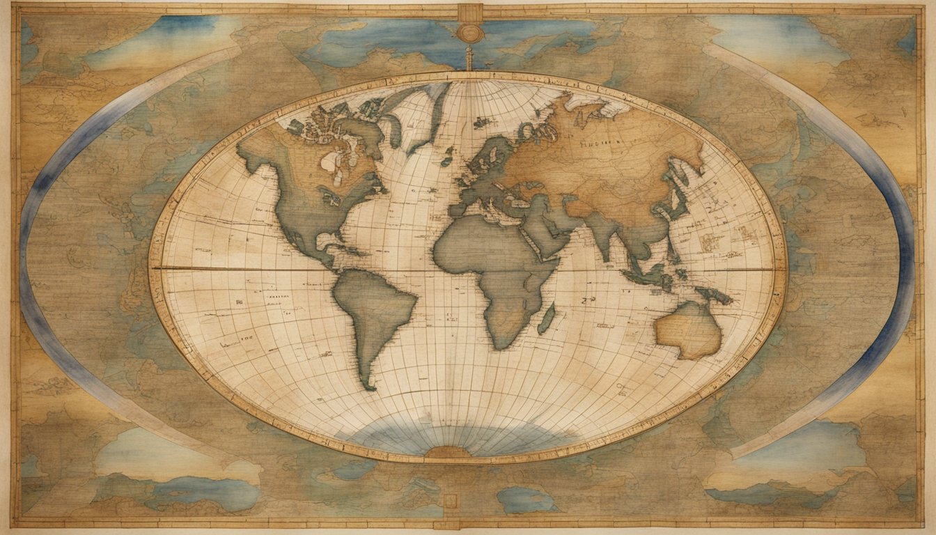 Ancient world map on papyrus, with intricate details and symbols, surrounded by scholars studying its influence