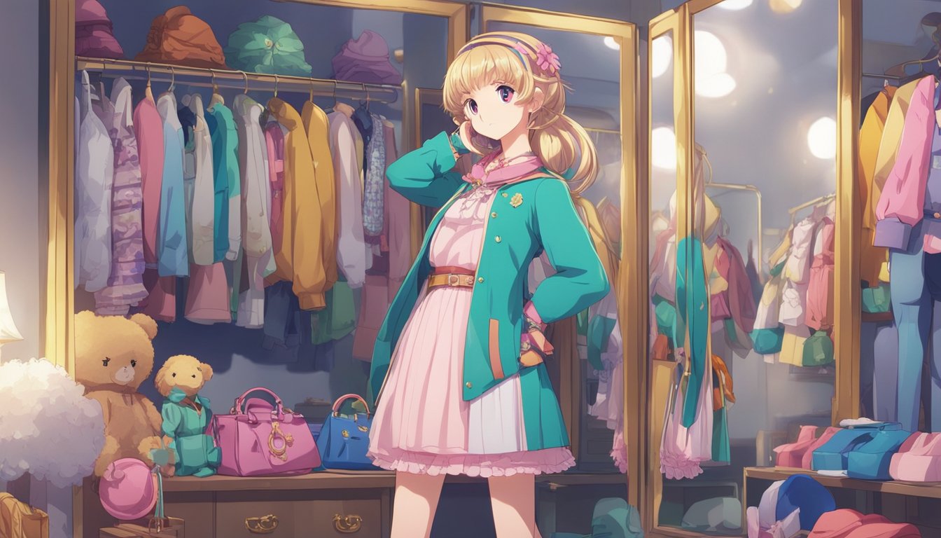 A doll stands in front of a mirror, surrounded by various clothing and accessories. The doll's body type and size are considered as different outfits and accessories are carefully chosen to enhance its appearance