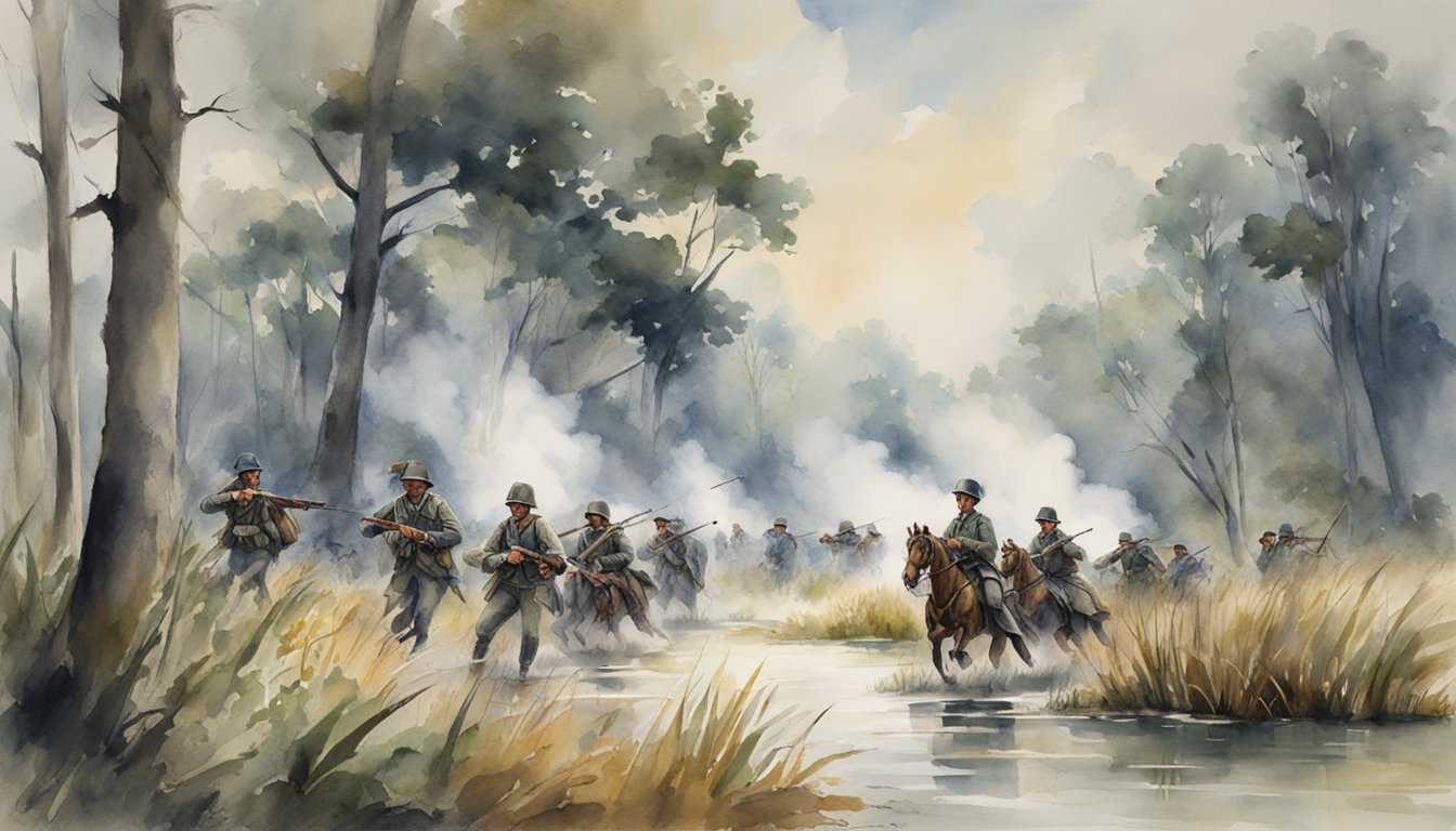 Soldiers maneuver through dense swampland, using guerrilla tactics, led by the cunning "Swamp Fox." Smoke rises from a distant battle as they navigate the treacherous terrain