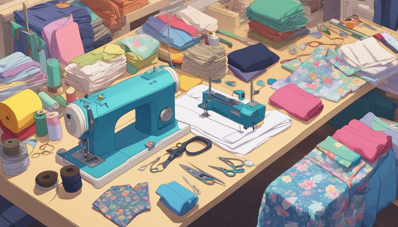 A cluttered work table with fabric, scissors, thread, and a sewing machine. A stack of DIY clothing project guides sits nearby