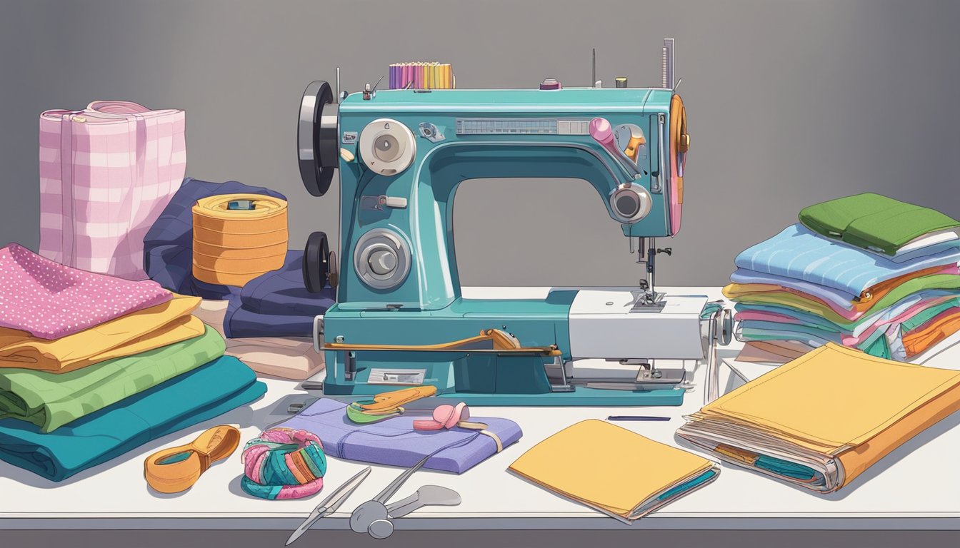 A table with a sewing machine, fabric, and various sewing tools. A stack of DIY clothing and accessories project books open to a page about fashioning bottoms and skirts