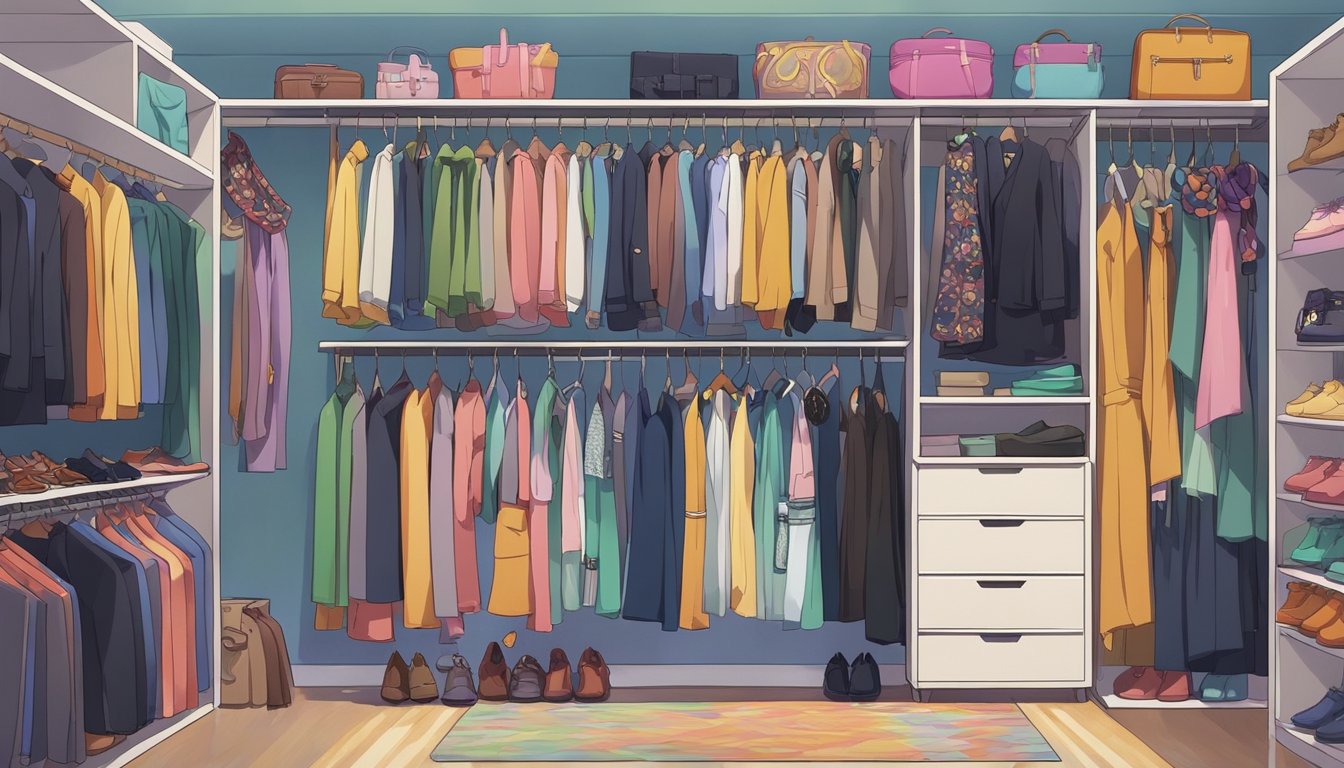 A closet with diverse clothing items arranged neatly, showcasing different colors, patterns, and textures. Accessories like scarves and belts are also visible, offering potential for mixing and matching outfits