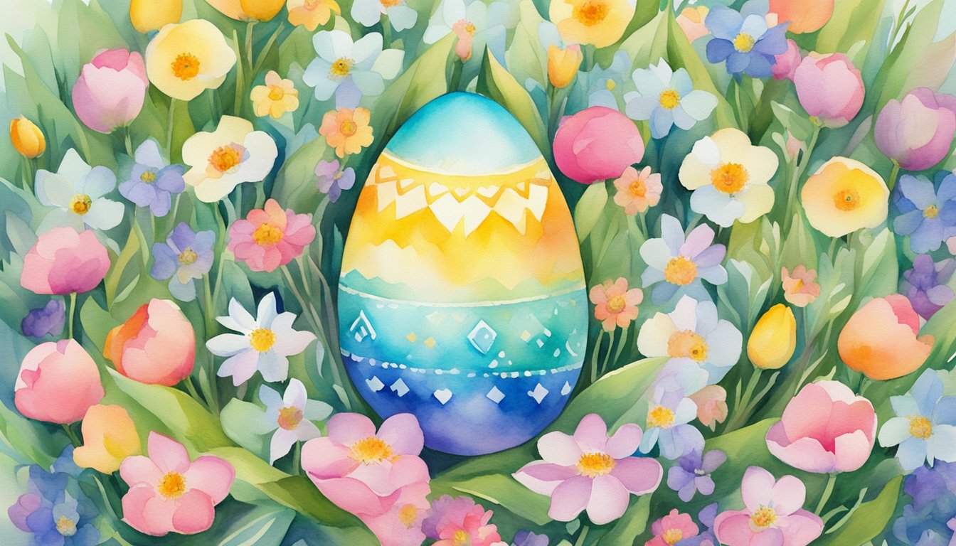 A colorful Easter egg nestled in a bed of vibrant spring flowers, surrounded by symbols of rebirth and fertility