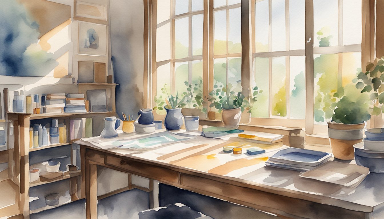 A serene room with art supplies scattered on a table, soft music playing, and natural light streaming in through large windows