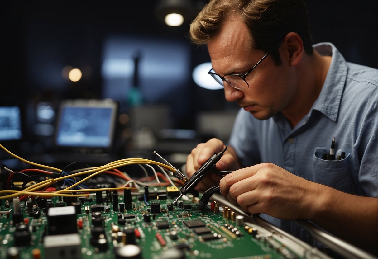 A person soldering wires to a circuit board, surrounded by radio equipment and antennas